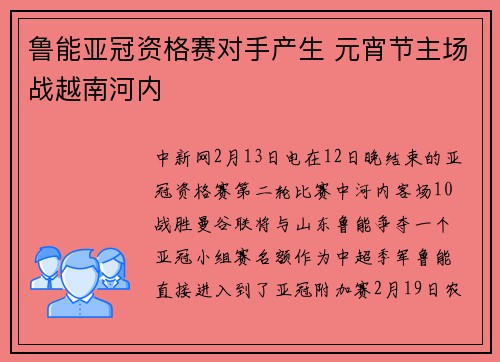 鲁能亚冠资格赛对手产生 元宵节主场战越南河内
